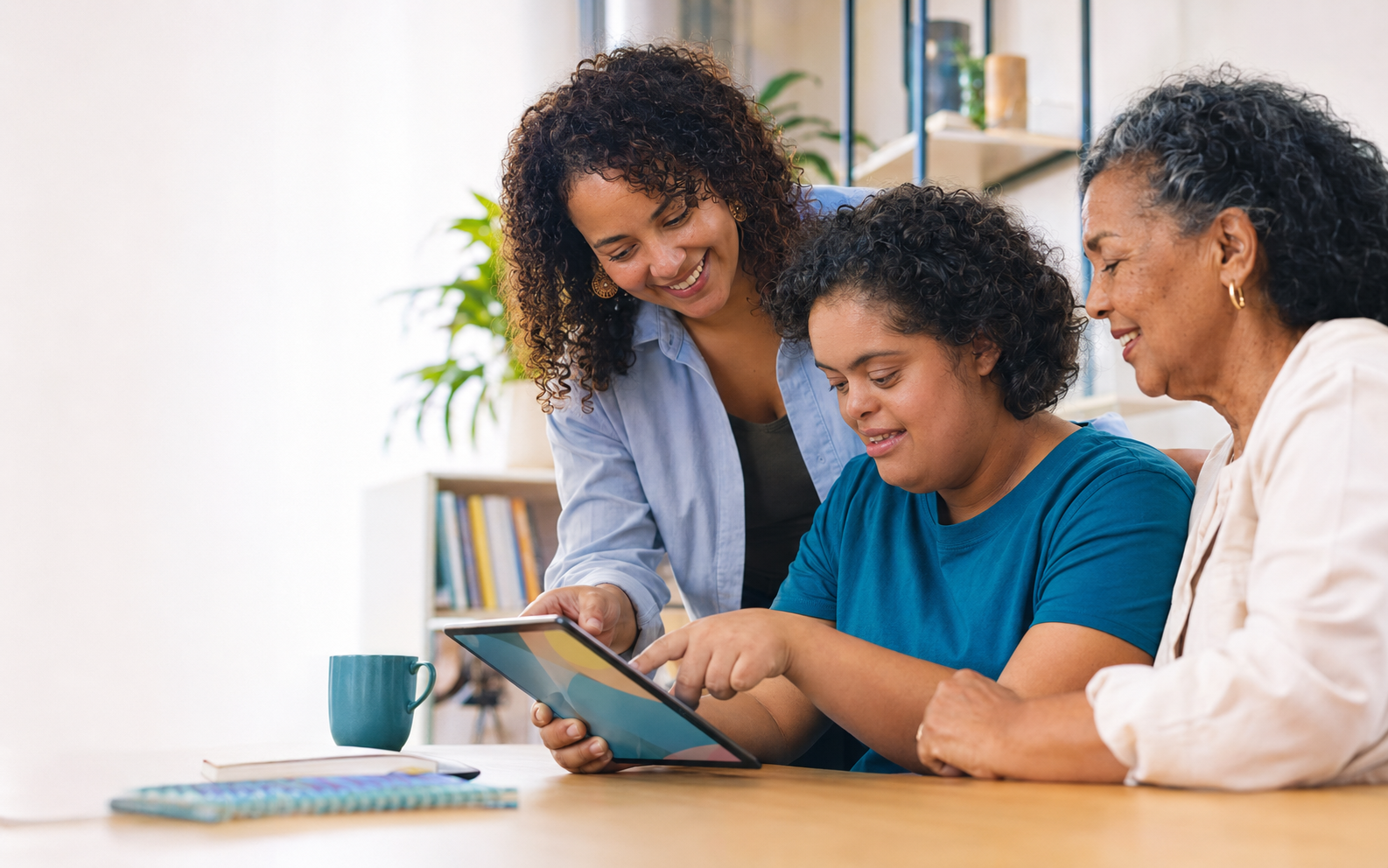 Pessoa utilizando uma atividade educativa em tablet com apoio de uma educadora e familiar